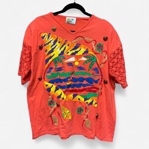 Vintage Copa Cabana Orange Seashell and Beach Graphic Tee with Crocheted Sleeves